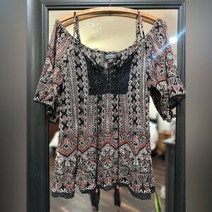 Angie Black and Red Geometric Cold Shoulder Blouse